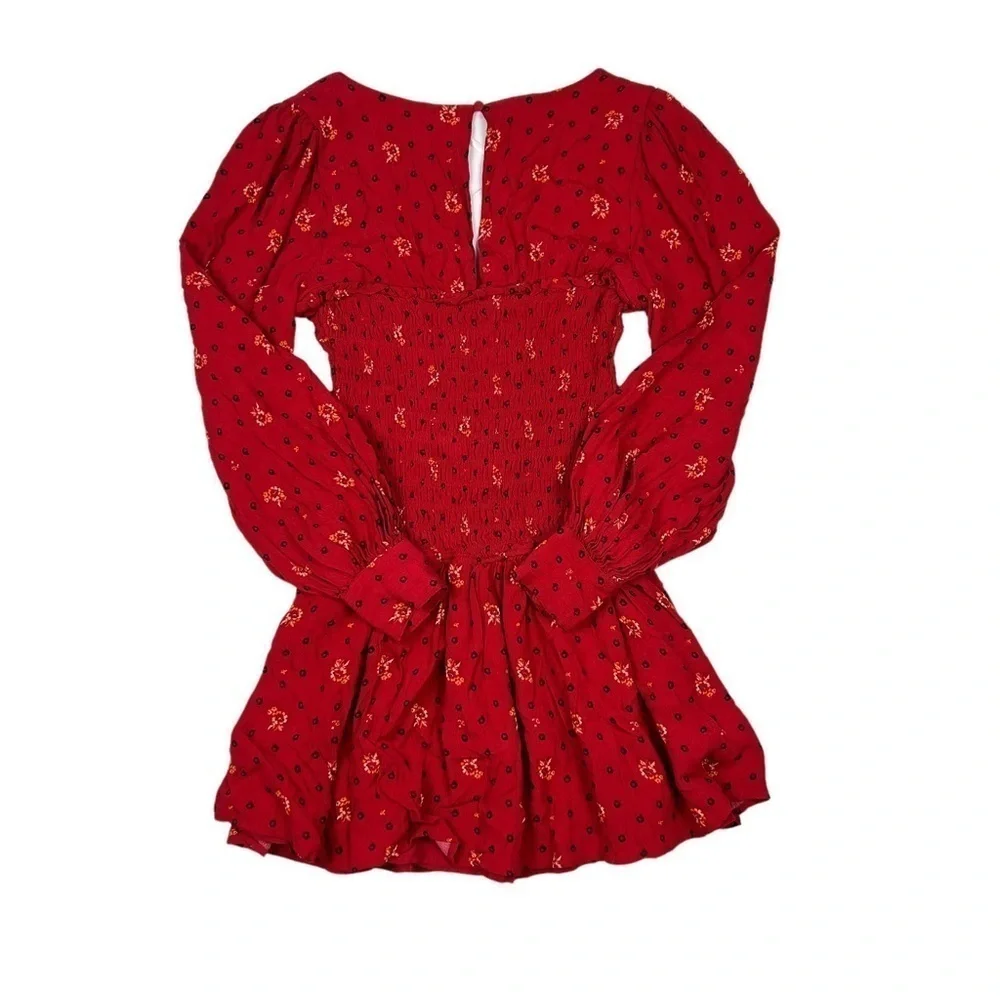 Free People Ruby Red Printed Long Sleeve Two Face Mini Dress